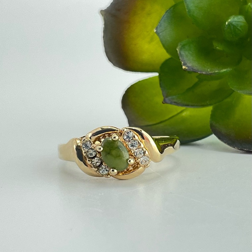 Jade & Clear Stones Gold Plated Ring, Unisex, Nephrite Jade Cabochon